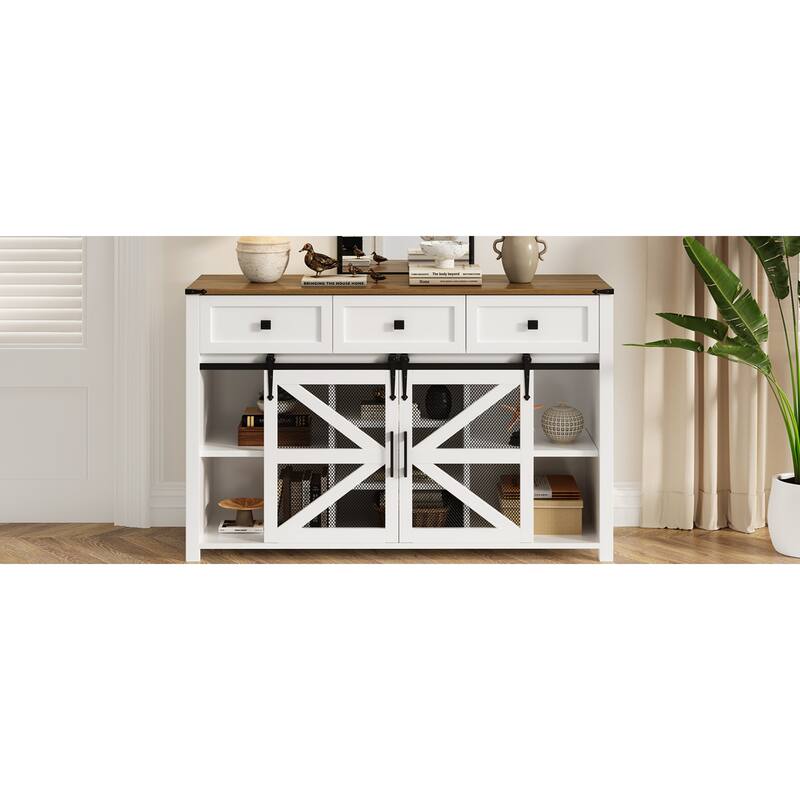 Roomfitters 55" Sideboard Buffet Cabinet with 3 Drawers and Sliding Barn Doors, Farmhouse Storage for Kitchen & Dining