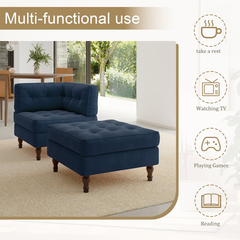 Corduroy Tufted Accent Chair Armchair and Ottoman Set
