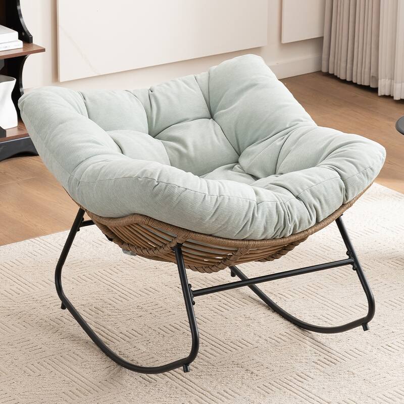 Wicker Rocking Chair Accent Chair with Ergonomic Design, Gentle Rocking Motion Lounge Chair for Living Room - Light Blue