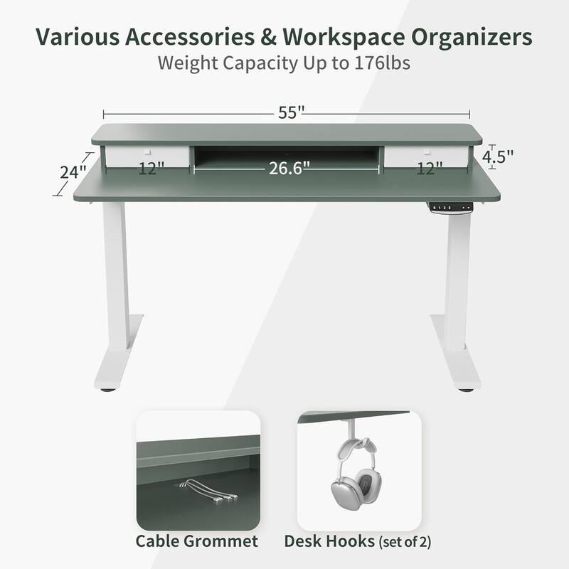 FEZIBO Height Adjustable Electric Standing Desk with Double Drawer, Stand Up Desk with Storage Shelf, Sit Stand Desk