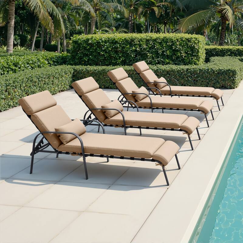 Outdoor Recliner Adjustable Chaise Lounge Chair with Cushion & Pillow - Tan - 4PC - New upgrade