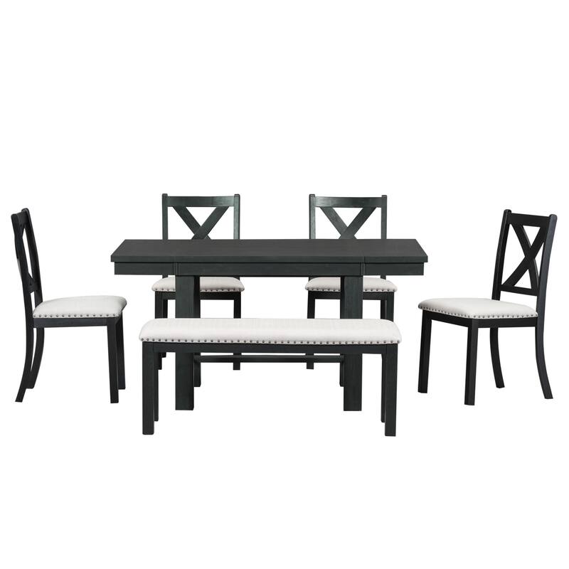 6 Piece Wooden Dining Table Set, Kitchen Dining Table and Chair Set with 2 Removable Leaf, Upholstered Dining Chairs and Bench