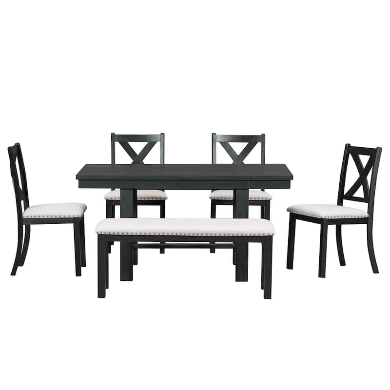 Roomfitters 82" Farmhouse Extendable 6-Piece Dining Table Set with Bench and 4 Upholstered Chairs, Two 11" Leaves