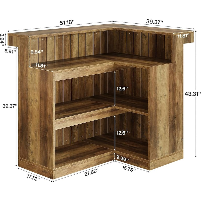 Brown MDF Corner Liquor Bar Table with 4 Shelves and Stemware Storage for Home and Pub - 51.18”L x 39.37”W x 43.31”H
