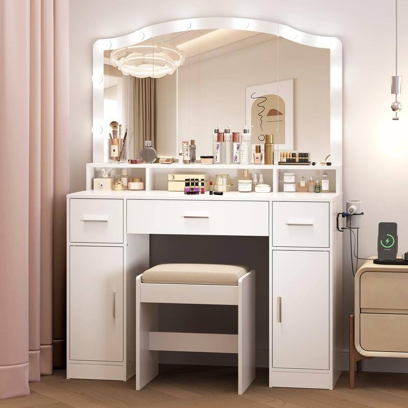 Makeup Vanity Desk with Mirror, Drawers, Cabinets, Charging Station, Stool