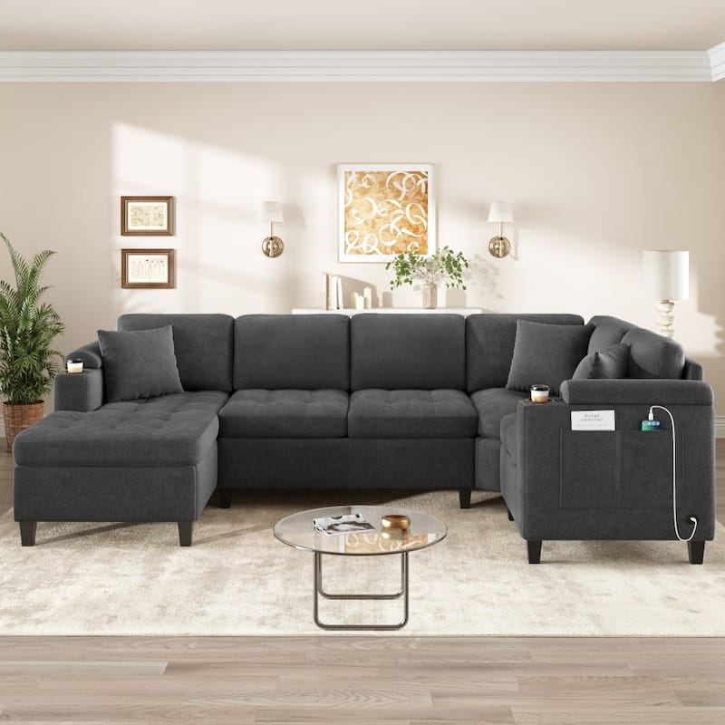 115.7" Modern Corner Oversized Sectional Sofa with Built-in Cup Holders and USB Ports