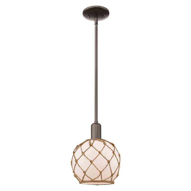 Innovations Lighting Endless Possibilities Arcadia - Farmhouse Rope - 1 Light 8" Stem Hung Mini Pendant - White Glass with Brown Rope/Oil Rubbed Bronze