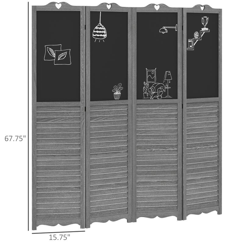 HOMCOM 4-Panel Folding Room Divider with Blackboard, 5.5 Ft Tall Freestanding Privacy Screen Panels for Bedroom or Office, Gray