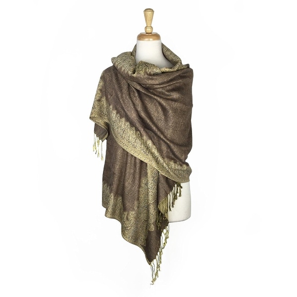 Pashmina Shawl Scarf Wrap Border Pattern Double Layered Reversible - Beige - 28" x 70". Opens flyout.