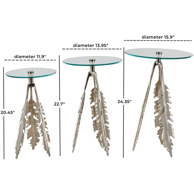 Silver or Gold Aluminum Metal Leaf Side End Accent Table with Tripod Legs and Tempered Glass Top (Set of 3)