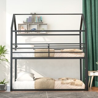 Twin Metal Bed Frame, Twin Over Twin Bunk Bed w/Ladder & Guardrail