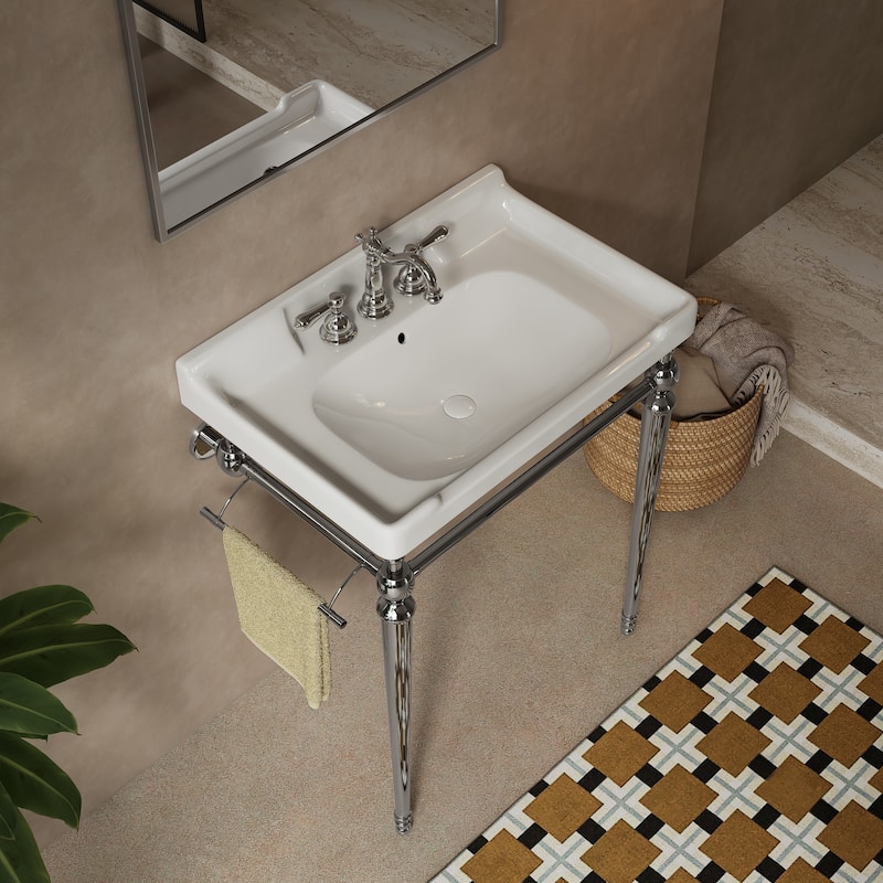 28" Bathroom Console Sink, Wall-Mounted Ceramic Vanity Basin with 3 Pre-drilled Faucet Holes with Towel Bar