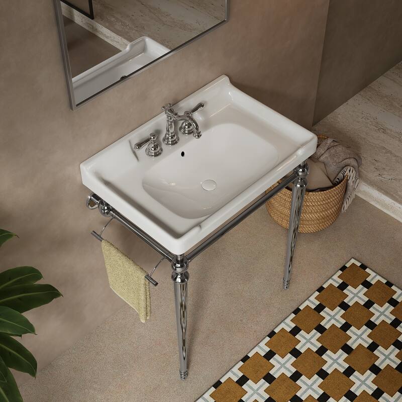 Bathroom Console Sink, Wall-Mounted Black Ceramic Vanity Basin with Pre-drilled Faucet Holes