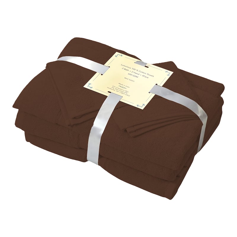 Luxurious Cotton 8 Piece Bathroom Towel Set - Absorbent 600 GSM - 4 Washcloths, 2 Hand Towels, 2 Bath Towels - 27''X54'' - Brown