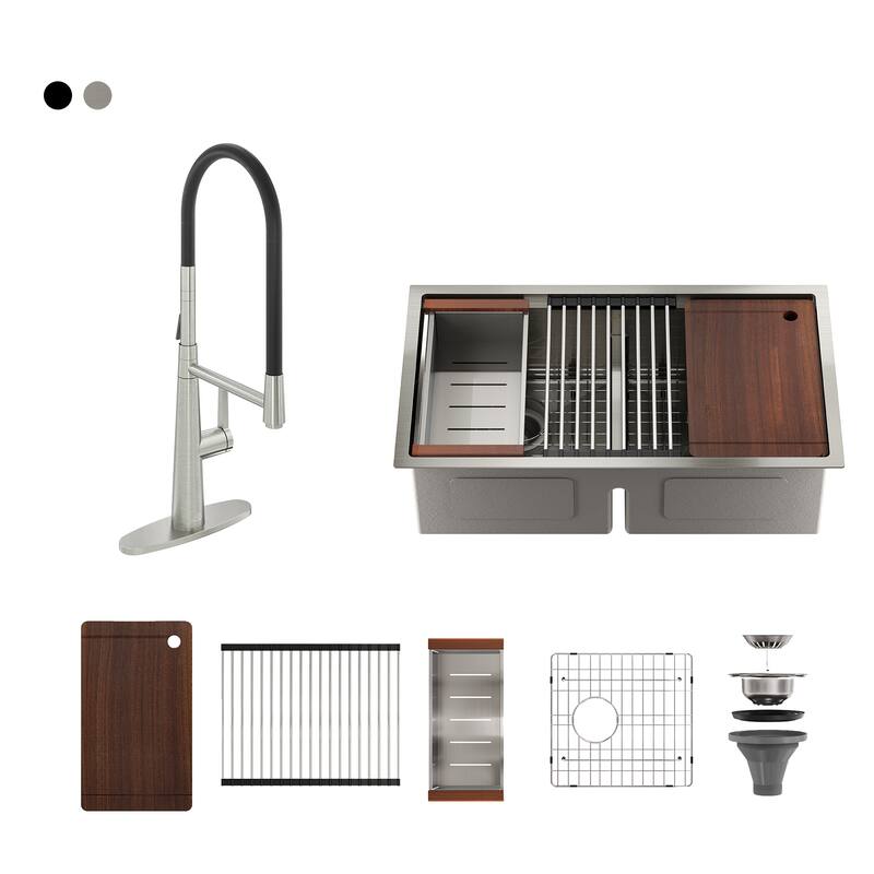 Stainless Steel 33 in. Double Bowl Undermount Workstation Kitchen Sink with Kitchen Faucet and Accessories - Silver
