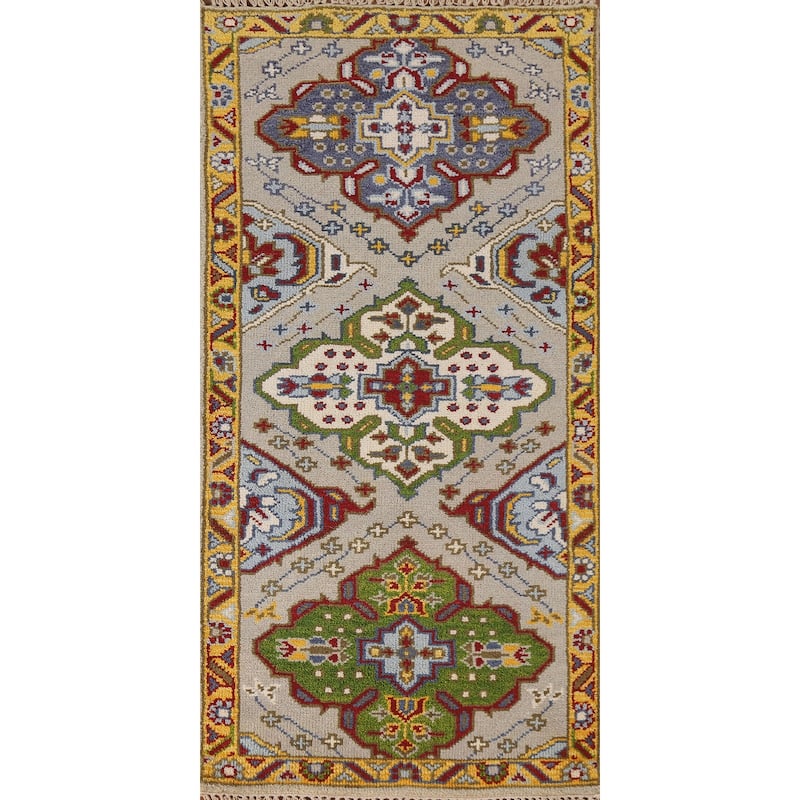 Geometric Kazak Indian Rug Hand-Knotted Wool Carpet - 2'6"x 6'0"