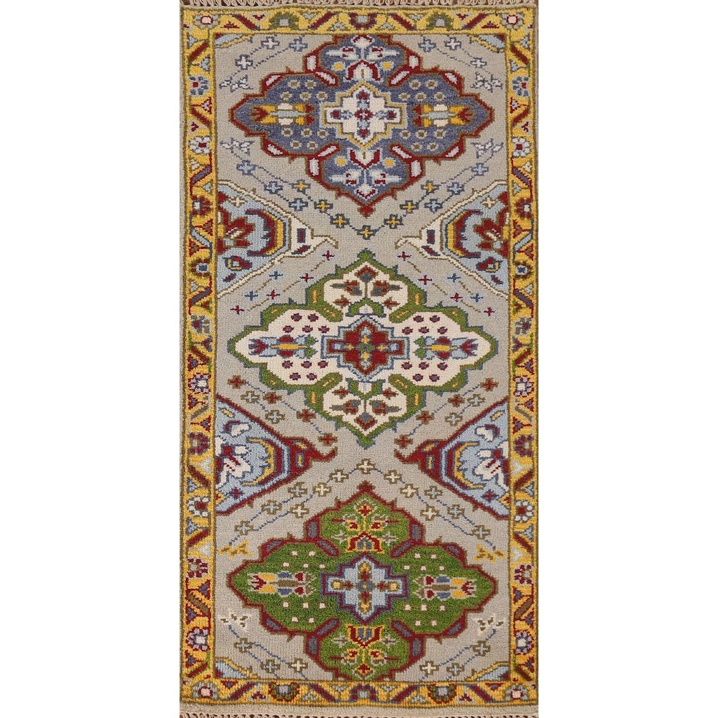 Geometric Kazak Indian Rug Hand-Knotted Wool Carpet - 2'6"x 6'0"