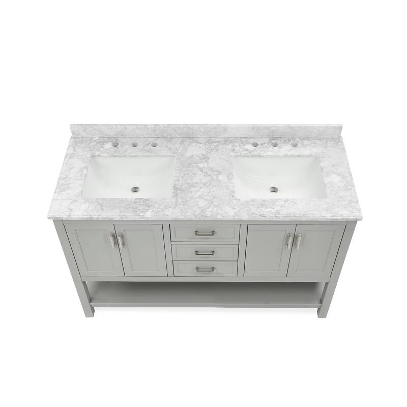 Furniture of America Anya 61" Double Bathroom Vanity with White Carrera Marble Top and Undermount Sink