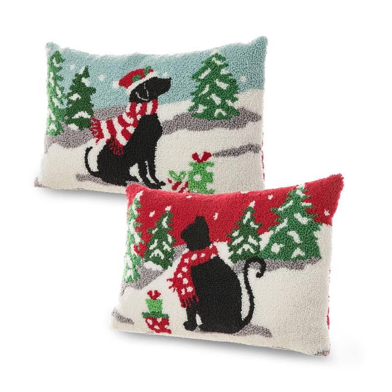 Glitzhome 18"L x 12"H Hooked Christmas Cat Dog Pillow Cushion for Xmas Sofa Home Decor