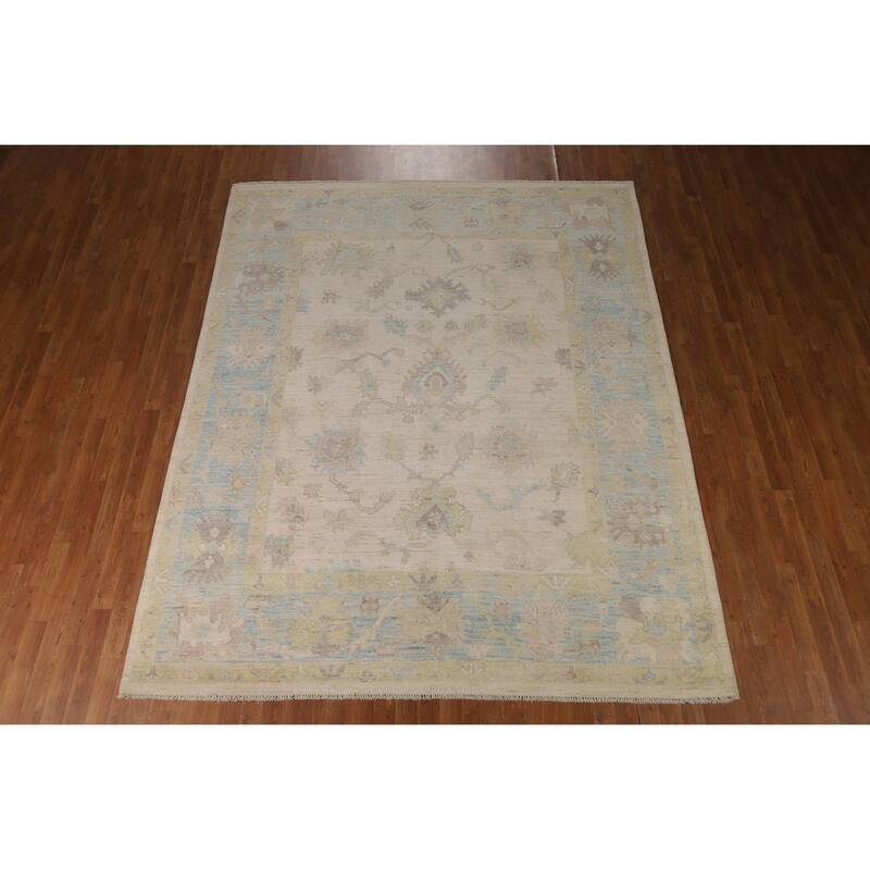 Beige Vegetable Dye Oushak Turkish Area Rug Hand-Knotted Wool Carpet - 7'10"x 9'10"