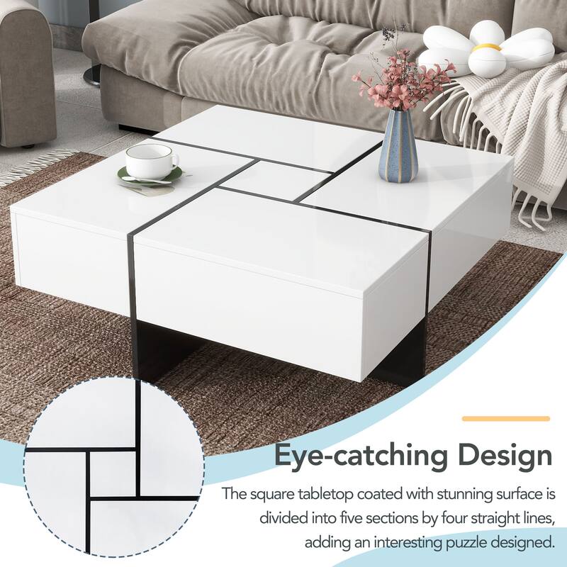 Stylish Coffee Table with 4 Storage Compartments and Extendable Sliding Top, for Living Room, 31.5 inches x 31.5 inches
