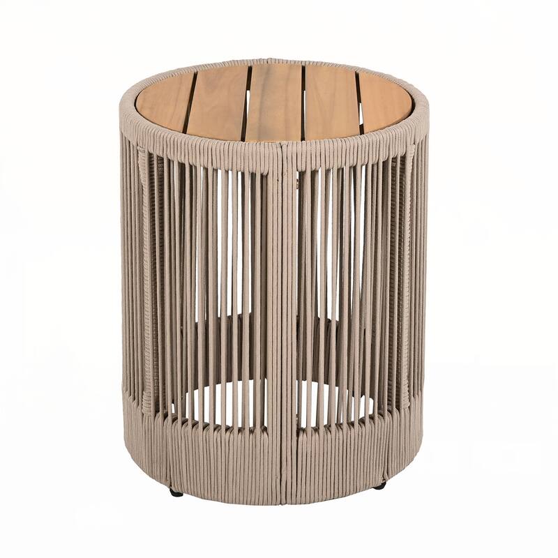 Outdoor Rattan rope and Acacia Wood Side Table(Rope Beige, Natural Iron)