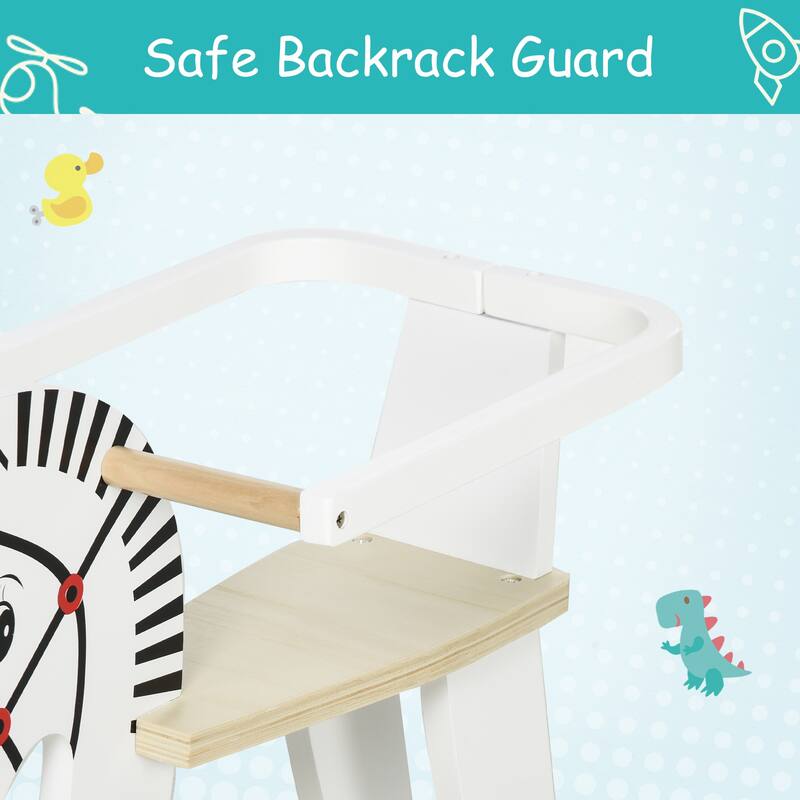 White Wooden Rocking Horse with Safety Handles Comfortable Seat Pedals and Backrest - 26.75" L x 10.5" W x 19" H