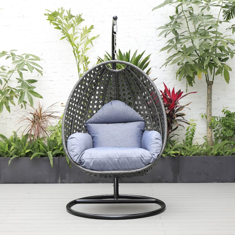 LeisureMod Charcoal Single Seater Rattan Wicker Egg Swing Hanging Chair for Indoor Outdoor Patio Porch Backyard Garden