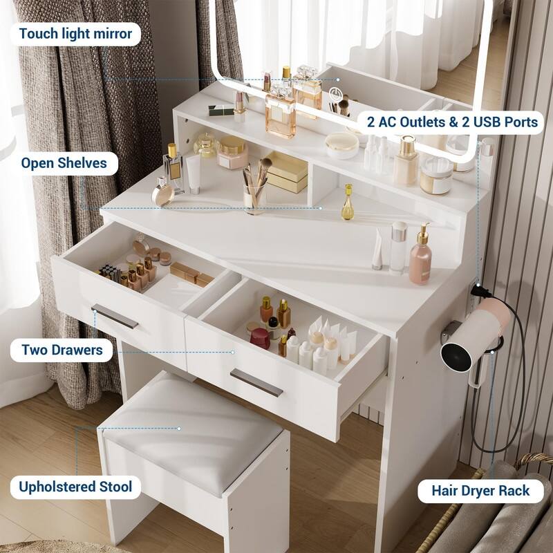 Makeup Vanity Table with LED Mirror, Stool, Power Outlets, 2 Drawers & Storage