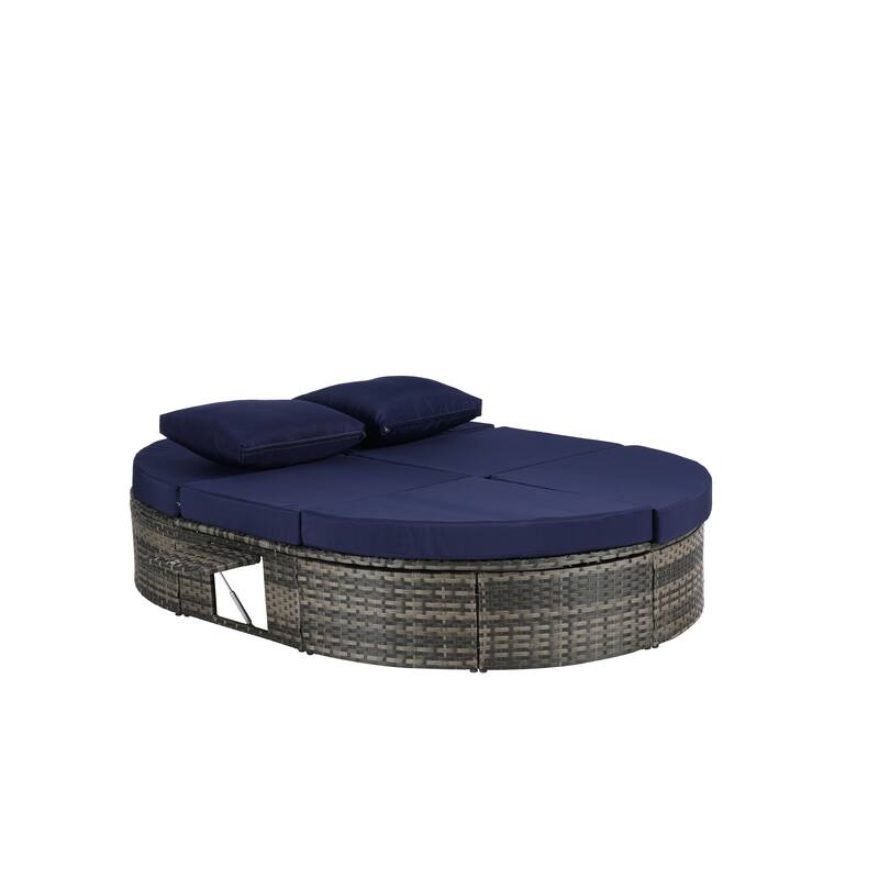 Outdoor Patio Rattan Round Daybed Sunbed with Adjustable Backrests and Foldable Cup Trays