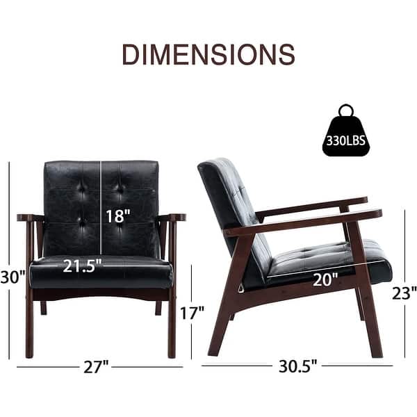 dimension image slide 0 of 3, Ebello Mid-Century Modern Upholstered Leather Accent Chair with Solid Wood Frame