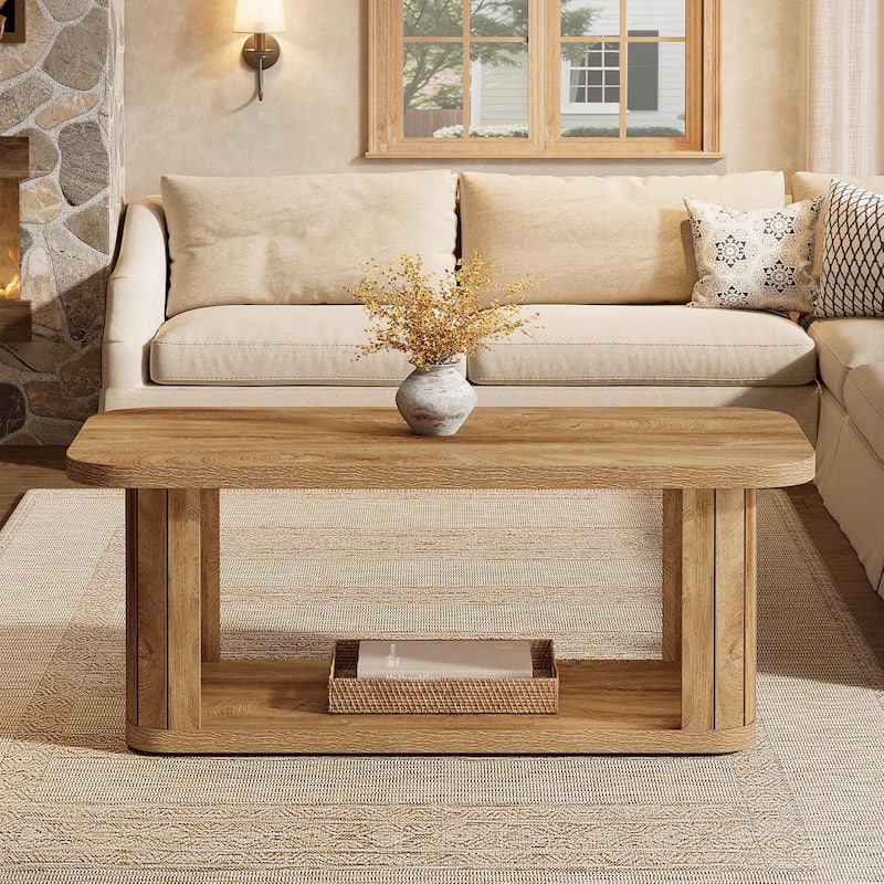 2-Tier Rectangle Coffee Table, 47.24-Inch Farmhouse Wood Center Tables for Living Room