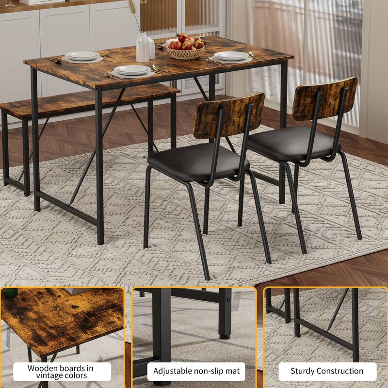4 Piece Dining Table Set Room Table and 2 Chairs for 4 with Bench for Home, Living Room