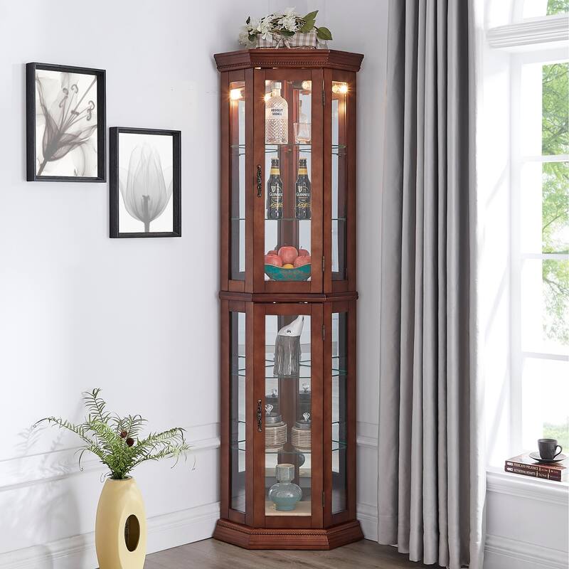 Lighted Corner Curio Cabinet with 6 Shelves, Mirrored Back & Adjustable Tempered Glass, Storage Display Cabinet