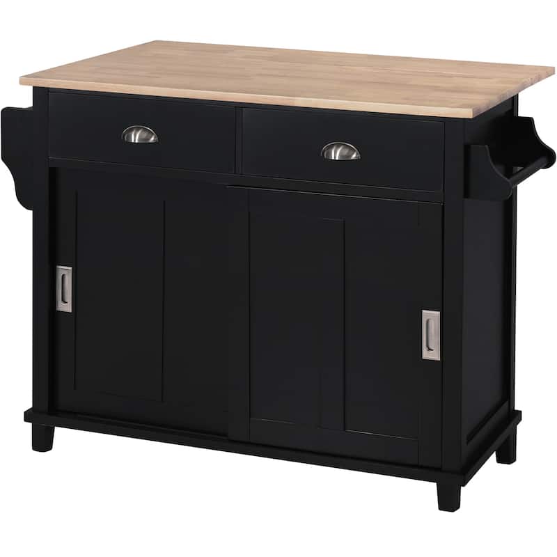 Kitchen Cart,Kitchen Island with Wood Drop-Leaf Countertop,Sliding Barn Door Adjustable Height, Wheels,Cabinet and 2 Drawers