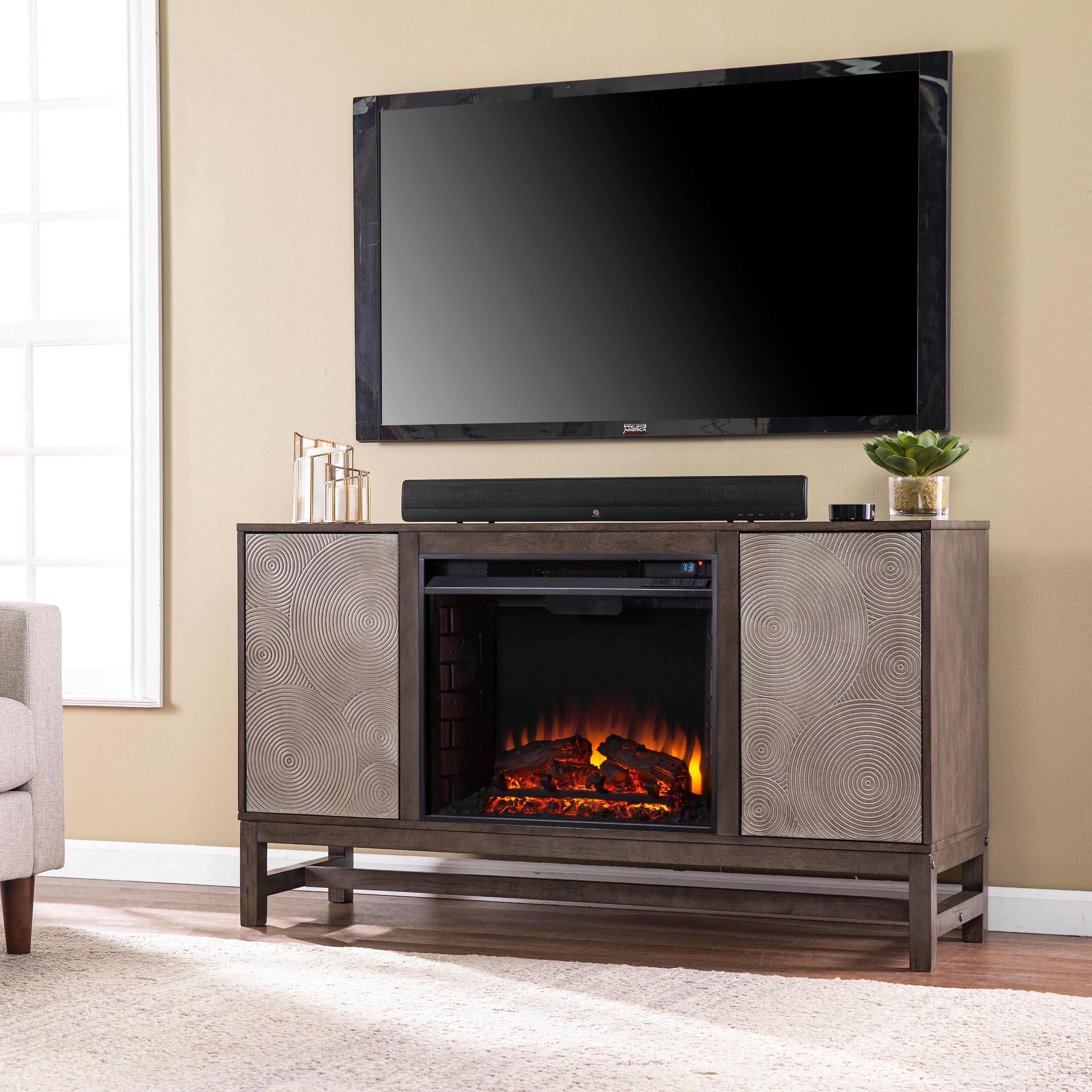 SEI Furniture Lanigan Contemporary Brown Wood Electric Fireplace
