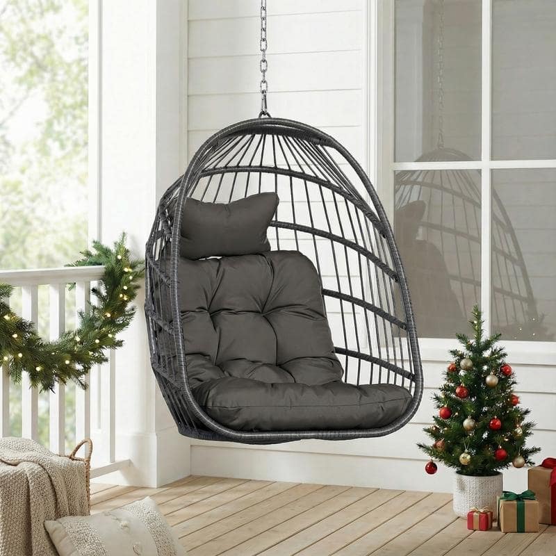 Indoor Hanging Egg Chair Without Stand, 350 lbs Capacity, Wicker Egg Swing Chair with Cushion for Living Room and Bedroom - Dark Grey