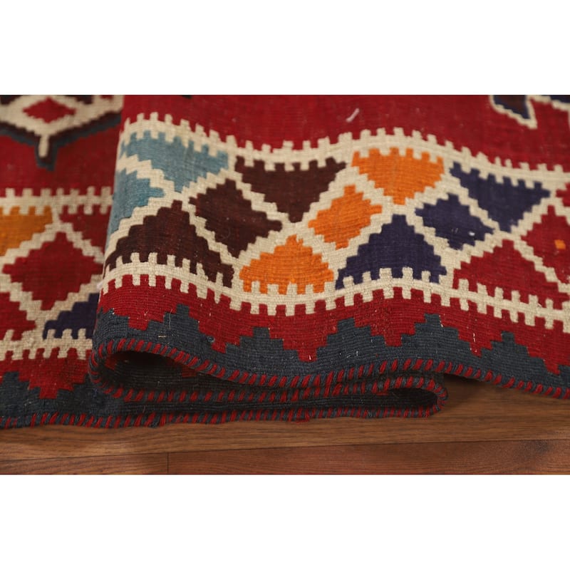 Geometric Kilim Qashqai Persian Vintage Rug Hand-Woven Wool Carpet - 5'2" x 7'7"
