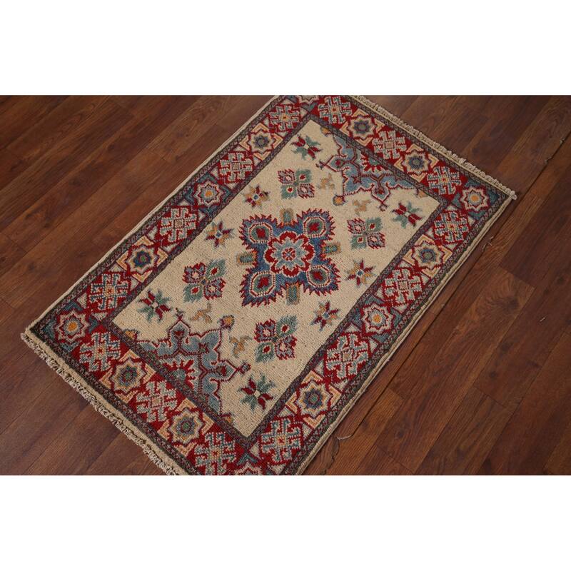 Geometric Kazak Foyer Rug Hand-Knotted Beige Wool Carpet - 1'11" x 2'11"