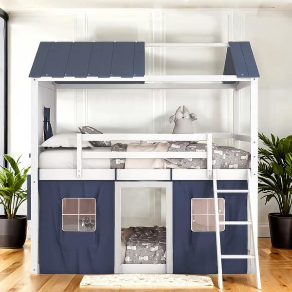slide 2 of 11, Full Size House Shaped Bunk Beds for Kids with Roof, Bunk Beds with Windows, Kids Beds Blue