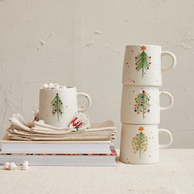 Hand-Painted Speckled Stoneware Mugs with Christmas Tree, Set of 4