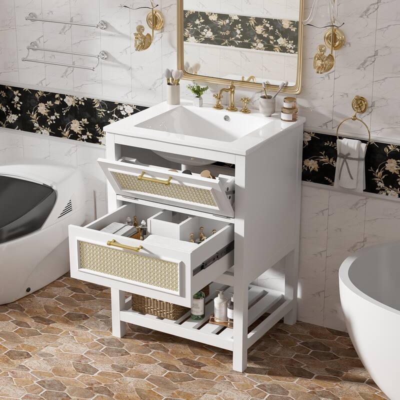 24" Bathroom Vanity with Ceramic Sink - Cabinet with 1 Deep Drawer & Tip-Out Drawer for Small/Medium Bathrooms - White