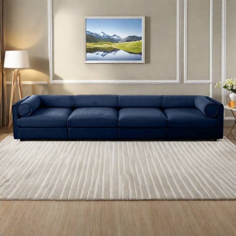 142.5" 4-Seat Chenille Modular Sectional Sofa with Storage and Cylindrical Backrest - Blue