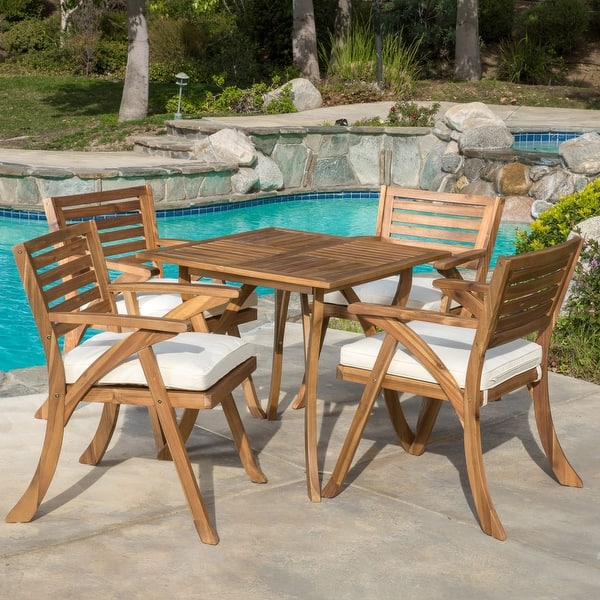 slide 2 of 13, Outdoor Hermosa 5-piece Wood Dining Set by Christopher Knight Home Teak + Creme Cushion