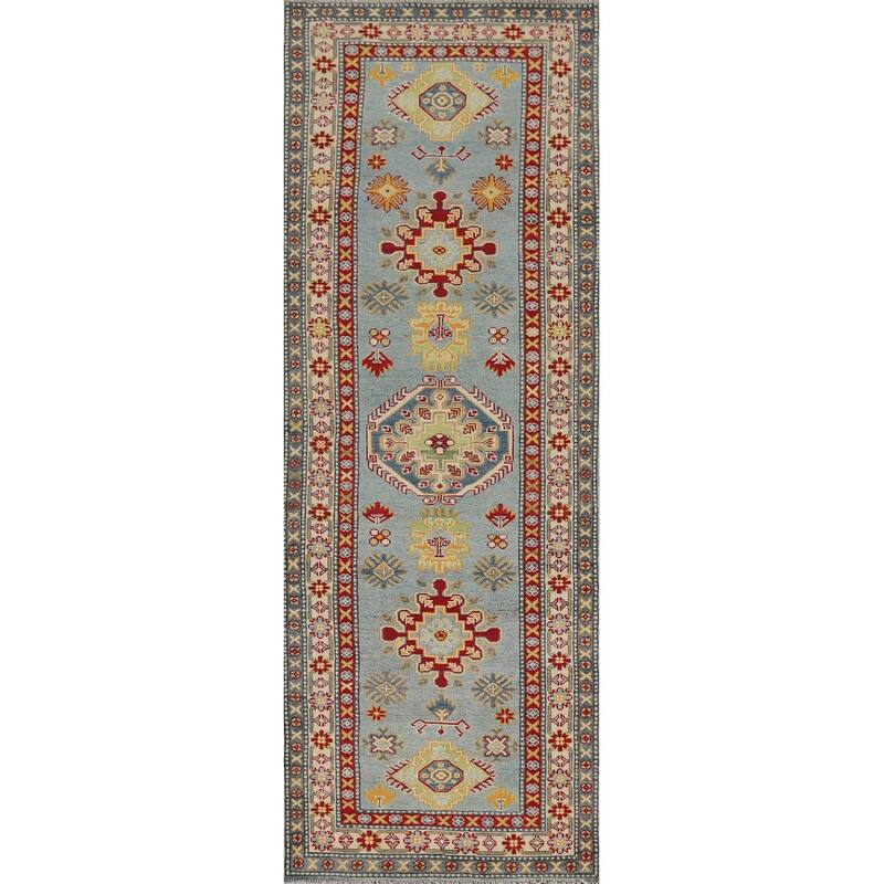 Light Blue Kazak Runner Rug Handmade Traditional Wool Carpet - 2'9" x 9'9"