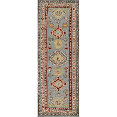 Light Blue Kazak Runner Rug Handmade Traditional Wool Carpet - 2'9" x 9'9"