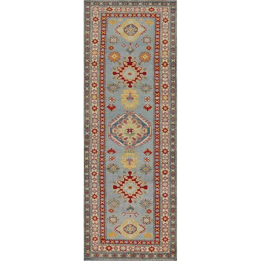 Light Blue Kazak Runner Rug Handmade Traditional Wool Carpet - 2'9" x 9'9"