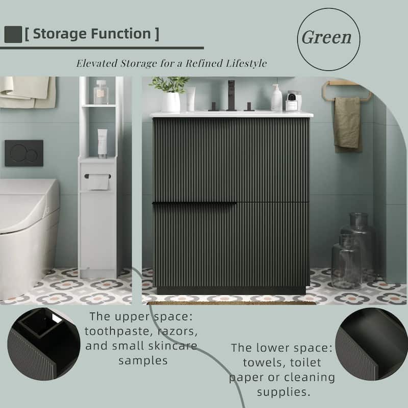 30" Bathroom Vanity with Ceramic Sink, Full-Extension Drawers, Soft-Close Undermount Slides, Fluted Design