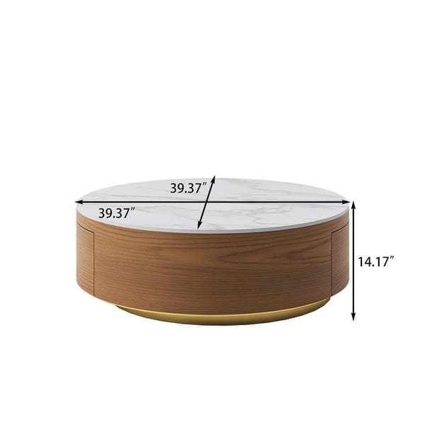 dimension image slide 3 of 5, Modern Drum Coffee Table with Oak Veneer, Sintered Stone Coffee Table with 2 Solid Wood Drawers, Fully Assembled, White