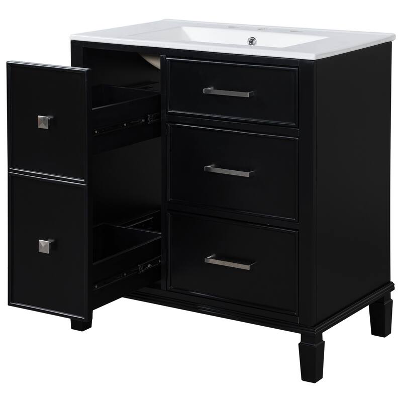 30 Inch Bathroom Vanity with Ceramic Sink, Flip-Out Drawer Design for Plumbing, Painted MDF Cabinet with Solid Wood Legs